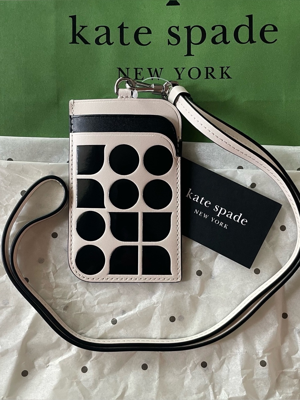 Kate Spade Noel Lanyard in Noel Black Multi (off white) NEW ID holder wallet